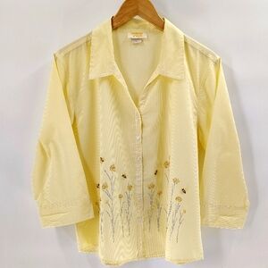 Tia Designs Yellow And White Button Up Blouse Size XL Beads And Butterflies